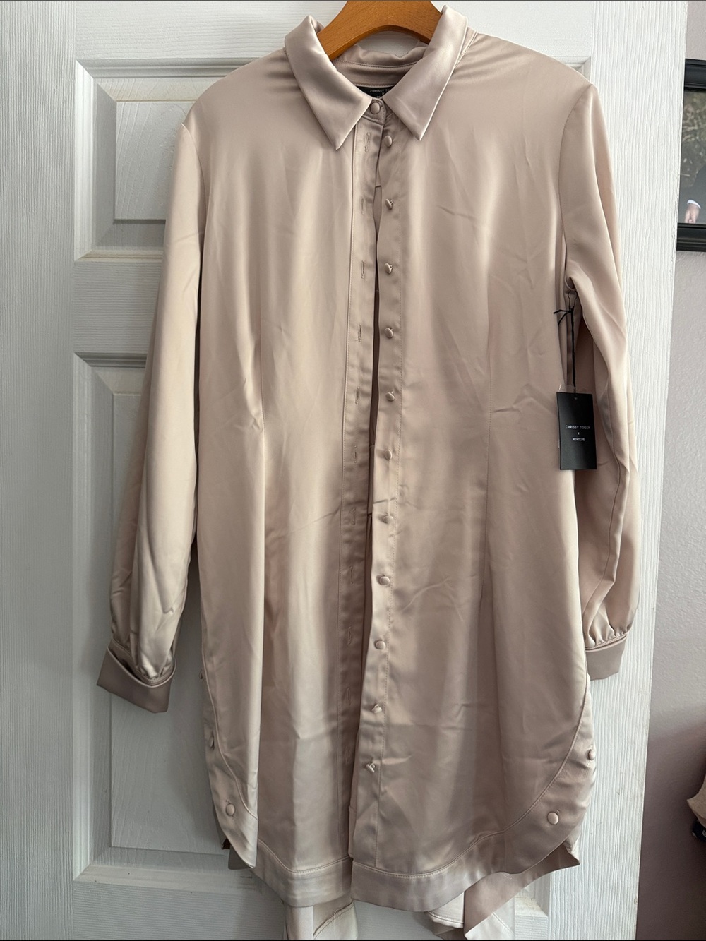 Long Satin Button-Down Dress Shirt in Light Beige